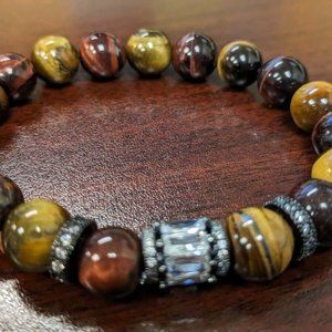 New Unisex Mixed Tiger's Eye Baguette Pave Agate Bracelet 10mm